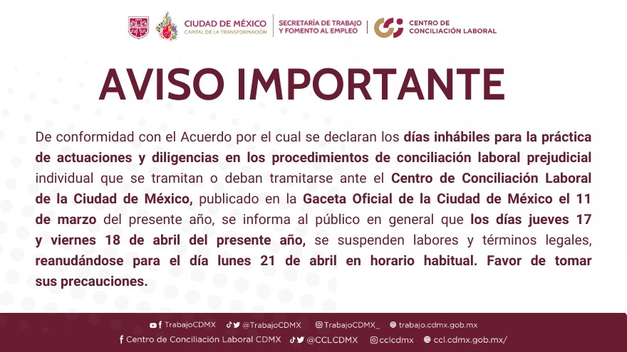 Suspensión de Labores del Centro de Conciliación Laboral de la Ciudad de México